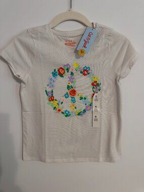 NWT Cat & Jack Size 8 Medium White Floral Peace Sign Short Sleeve T-Shirt Girls